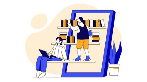 Illustration: Zwei junge Menschen auf einem übergroßen Bücherregal, das in einen riesigen digitalen Bildschirm übergeht. Es soll digitales Lesen oder "Onleihe" dargestellt werden